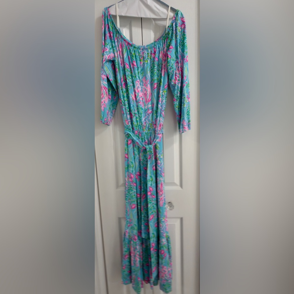 Lilly Pulitzer Odella Maxi Dress Off The Shoulder Amalfi Blue Wishes L - Picture 5 of 7